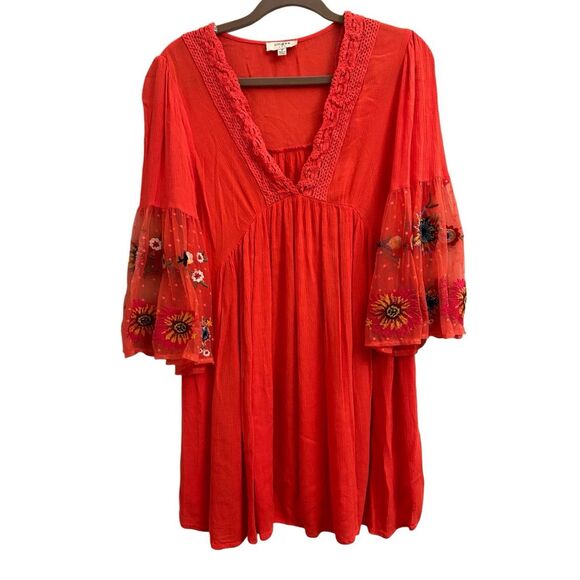 Umgee boho tunic with embroidered mesh sleeves M red festival Coachella - Picture 3 of 10